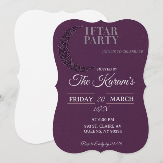 Boho Purple Minimalist Mosque Ramadan Iftar Party  Einladung (Vorne/Hinten)