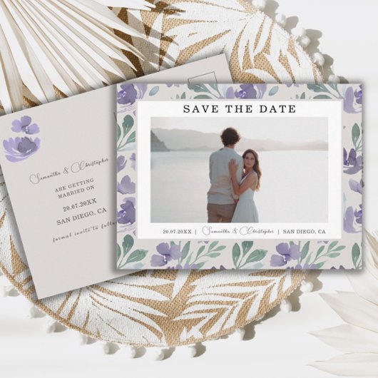 Boho Purple Watercolor Floral Save the Date Postkarte
