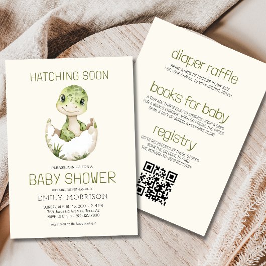 Boho QR Code Dinosaurier Hatching Bald Baby Dusche Einladung