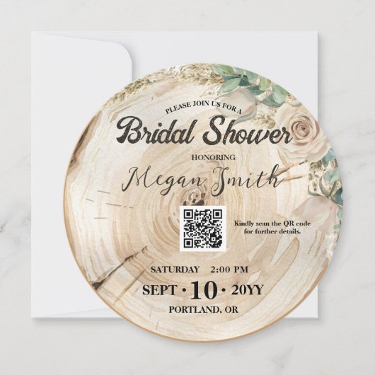 Boho QR Code Rustic Wood Unique Bridal Shower Save The Date (Vorderseite)