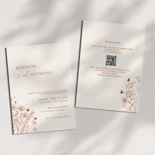 Boho QR Code Terracotta Wildblume Hochzeit 2 in 1 Einladung