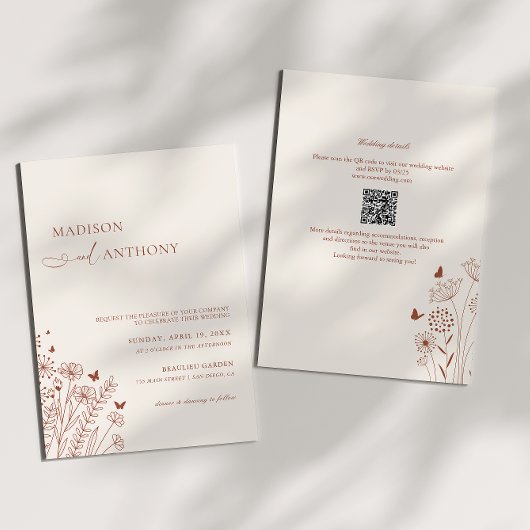 Boho QR Code Terracotta Wildblume Hochzeit 2 in 1 Einladung