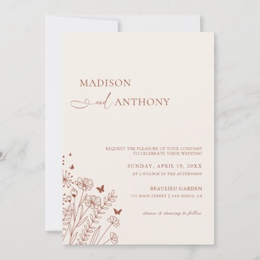 Boho QR Code Terracotta Wildblume Hochzeit 2 in 1 Einladung (Vorderseite)