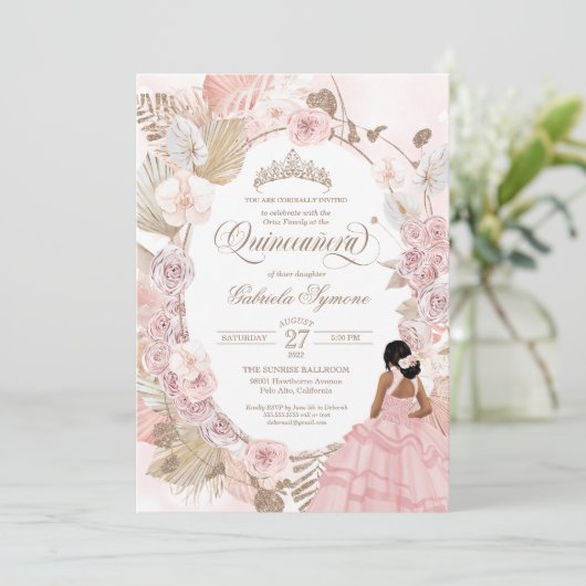 Boho Quinceanera Blush Pink Getrockneter Blumenlad Einladung (Stehend Vorderseite)