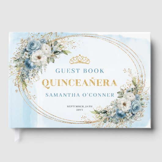 Boho Quinceañera Dusty Blue Gold Eucalyptus Gästebuch (Vorderseite)