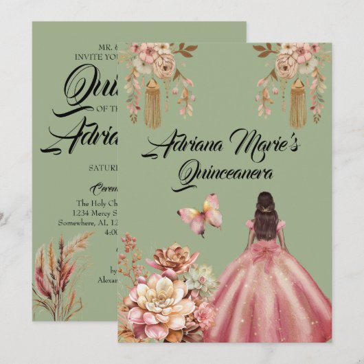 Boho Quinceanera Einladung (Vorne/Hinten)