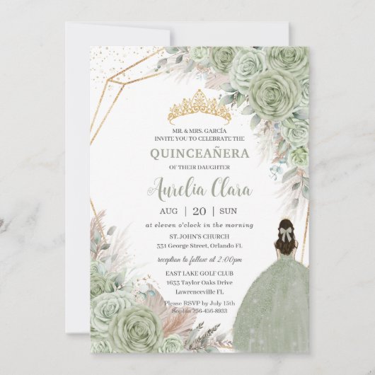 Boho Quinceañera Sage Green Floral Pampas Grass Einladung (Vorderseite)