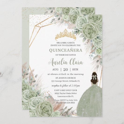 Boho Quinceañera Sage Green Floral Pampas Grass Einladung (Vorne/Hinten)