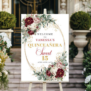 Boho-Quinceanera-Willkommensschild Burgunder Blume Poster