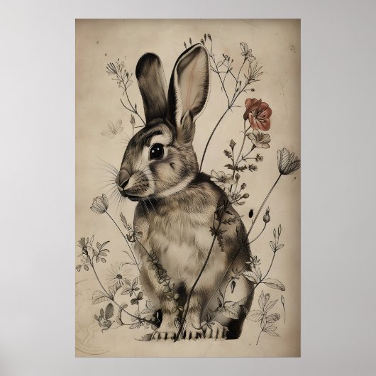 Boho Rabbit Bunny Flower Print, Rustic Hare Poster (Vorne)
