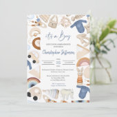 Boho rahmen Baby Boy Bekleidung und Spielzeug neut Einladung (Stehend Vorderseite)