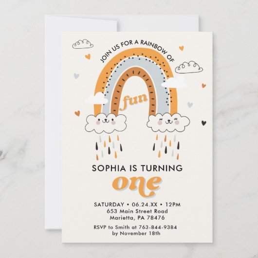 Boho Rainbow 1. Geburtstag Einladung (Vorderseite)