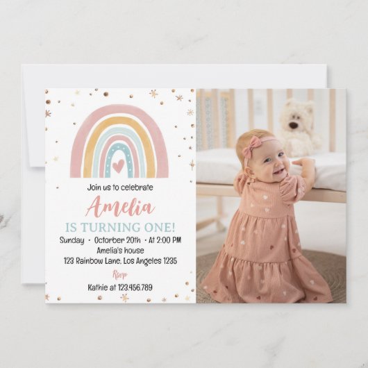 Boho Rainbow 1. Geburtstag Foto Einladung (Vorderseite)