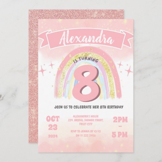 Boho Rainbow 8. any Age Birthday Girl Glitzer Einladung (Vorne/Hinten)