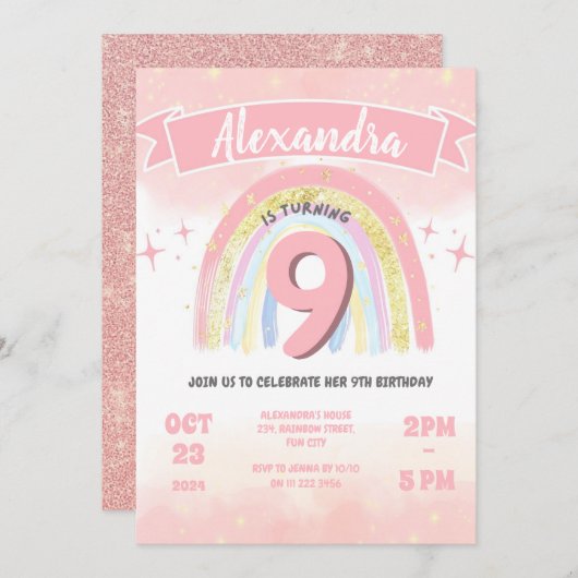 Boho Rainbow 9th any Age Birthday Girl Glitzer Einladung (Vorne/Hinten)