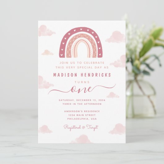 Boho Rainbow and Clouds Pastel Pink Birthday Einladung (Stehend Vorderseite)