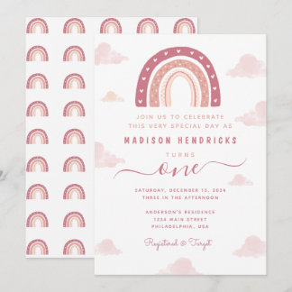 Boho Rainbow and Clouds Pastel Pink Birthday Einladung