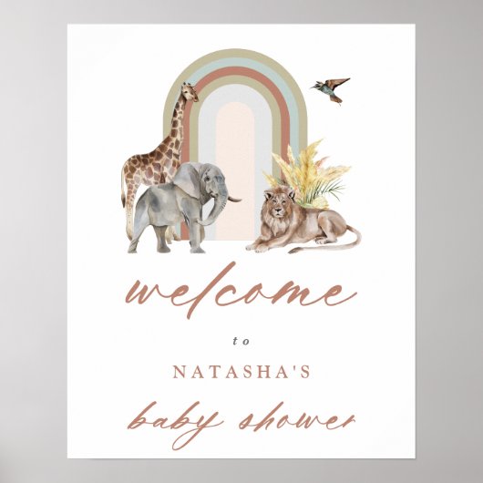 Boho Rainbow Arch & Animals Baby Dusche Willkommen Poster (Vorne)