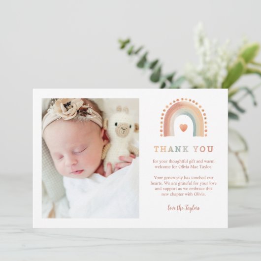 Boho Rainbow Baby Dankeschön Card - 2-Foto Modern Dankeskarte (Stehend Vorderseite)