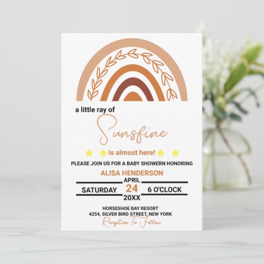 Boho Rainbow Baby Dusche Einladung Terracotta Sun (Stehend Vorderseite)