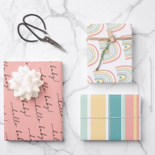 Boho Rainbow Baby Gender Neutral "Hello Baby" Wrap Geschenkpapier Set (Vorderseite)