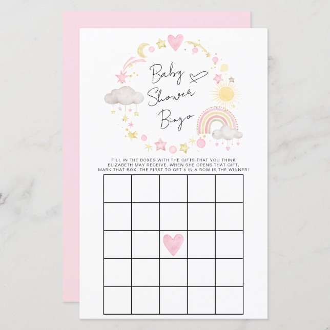 Boho Rainbow Baby Girl Shower Bingo Game (Vorne/Hinten)