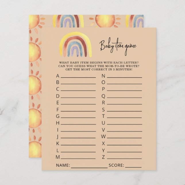 Boho Rainbow Baby Item Game. Baby Shower Game (Vorne/Hinten)