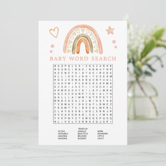 Boho Rainbow Baby Shooting Word Search Game Einladung (Stehend Vorderseite)