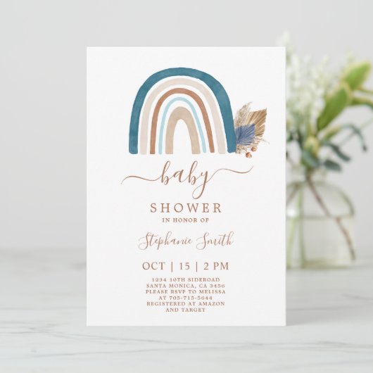 Boho Rainbow Baby Shower Boy Einladung (Stehend Vorderseite)