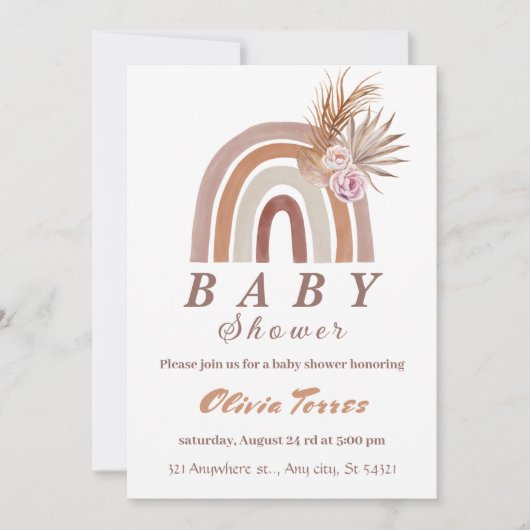 Boho Rainbow Baby Shower Earthy Tones, Blumenchic Einladung (Vorderseite)