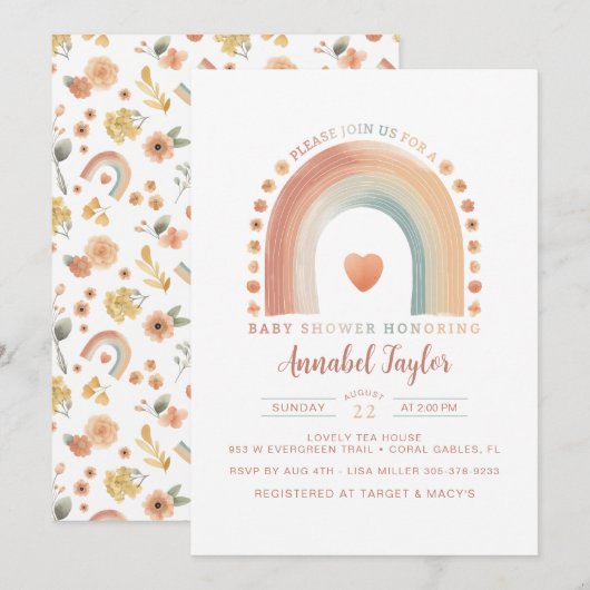 Boho Rainbow Baby Shower Einladung - Erdnasser (Vorne/Hinten)