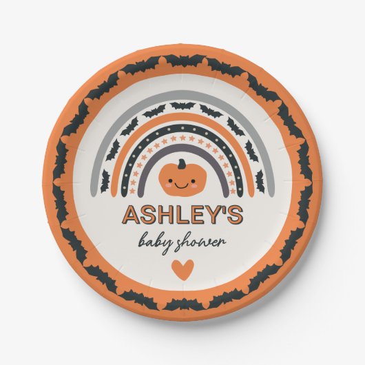 Boho Rainbow Bats Orange Halloween Babydusche Pappteller (Vorderseite)