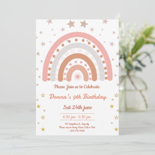 Boho Rainbow Birthday Einladung (Stehend Vorderseite)