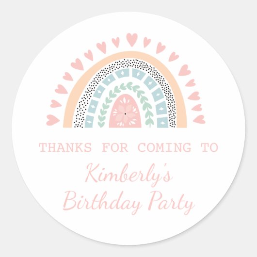 Boho Rainbow Birthday Favor Runder Aufkleber (Vorderseite)