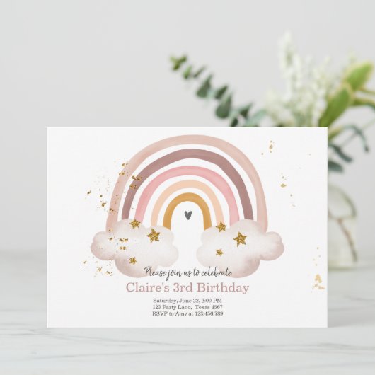 Boho Rainbow Birthday Invitation Girl Rustic Einladung (Stehend Vorderseite)