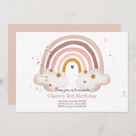 Boho Rainbow Birthday Invitation Girl Rustic Einladung (Vorne/Hinten)