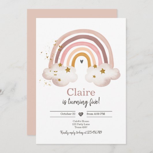 Boho Rainbow Birthday Invitation Girl Rustic Einladung (Vorne/Hinten)