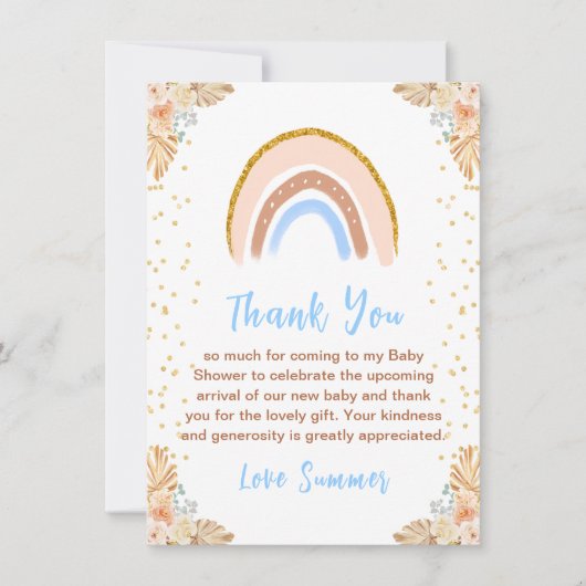 Boho Rainbow Blue Baby Dusche Dankeskarte (Vorderseite)