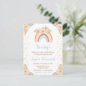 Boho Rainbow Blue Baby Dusche Postkarte (Stehend Vorderseite)