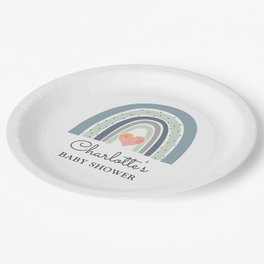 Boho Rainbow Blue Boy Baby Shower Pappteller (Schrägansicht)