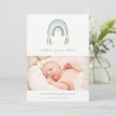Boho Rainbow Blue Script Foto Birth Ankündigung (Stehend Vorderseite)