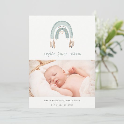 Boho Rainbow Blue Script Foto Birth Ankündigung (Stehend Vorderseite)