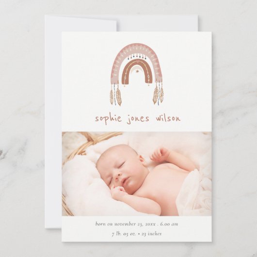 Boho Rainbow Blush Script Foto Geburtsankündigung Dankeskarte (Vorderseite)