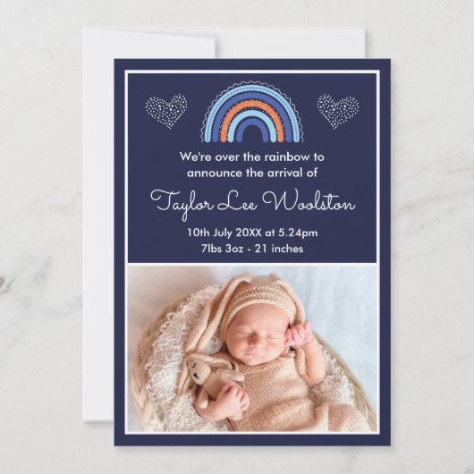 Boho Rainbow Boy Navy Blue Birth Ankündigung (Vorderseite)