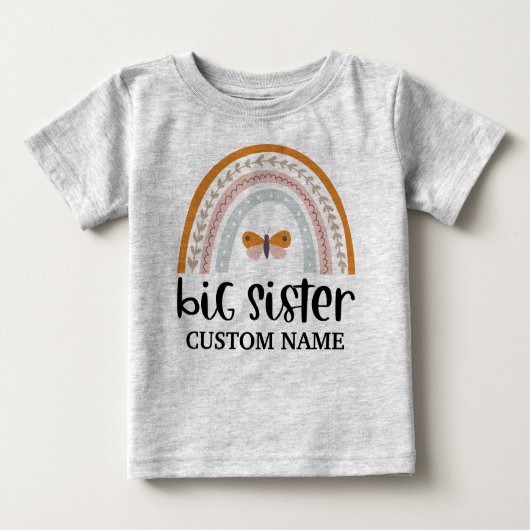 Boho Rainbow & Butterfly Personalisiert Big Sister Baby T-shirt (Vorderseite)