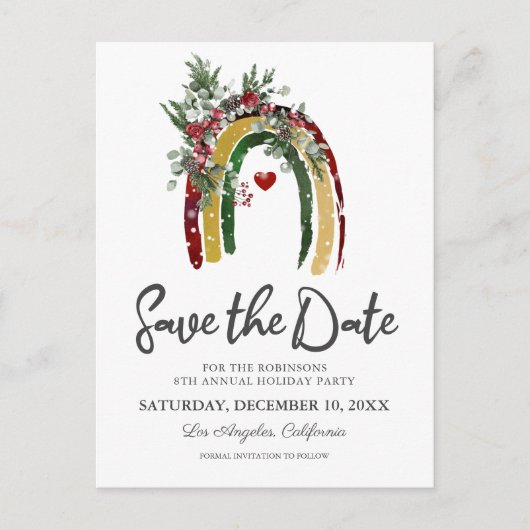 Boho Rainbow Christmas Party Save the Date Ankündigungspostkarte (Vorderseite)