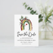 Boho Rainbow Christmas Party Save the Date Ankündigungspostkarte (Stehend Vorderseite)