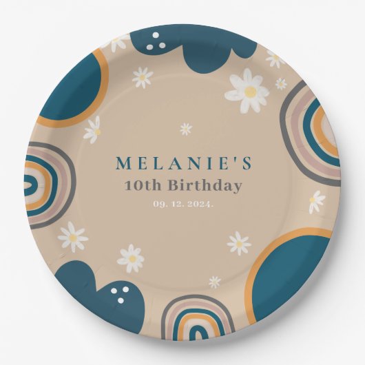 Boho Rainbow Daisy Beige Birthday Pappteller (Vorderseite)
