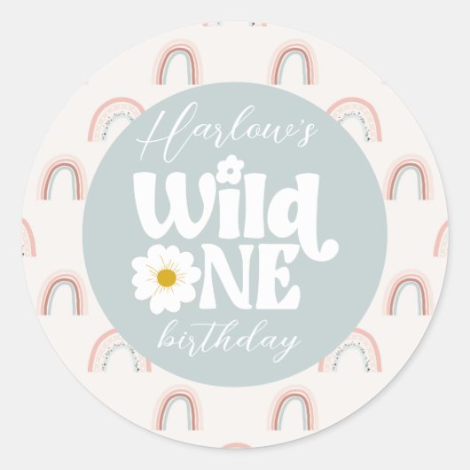 Boho Rainbow Daisy Wild One Girl's first Birthday Runder Aufkleber (Vorderseite)