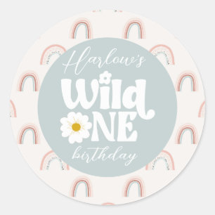 Boho Rainbow Daisy Wild One Girl's first Birthday Runder Aufkleber